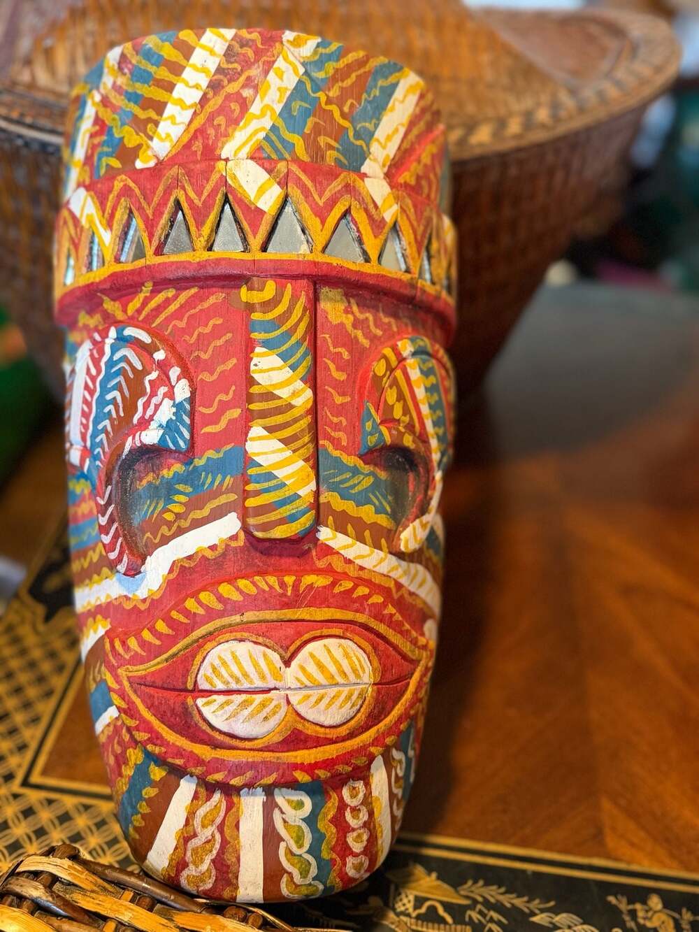 Hand-Painted Tribal Wooden Mask with Mirror Inlays